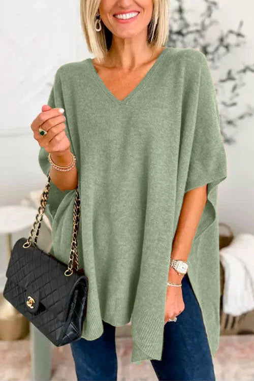 Jessica | Jersey poncho liso con cuello en V, elegante corte holgado