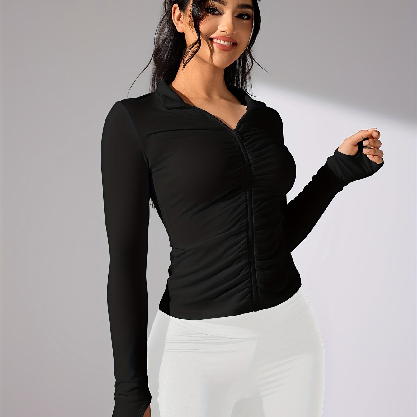 Nina | Chaqueta deportiva casual de color sólido con manga larga y cremallera completa