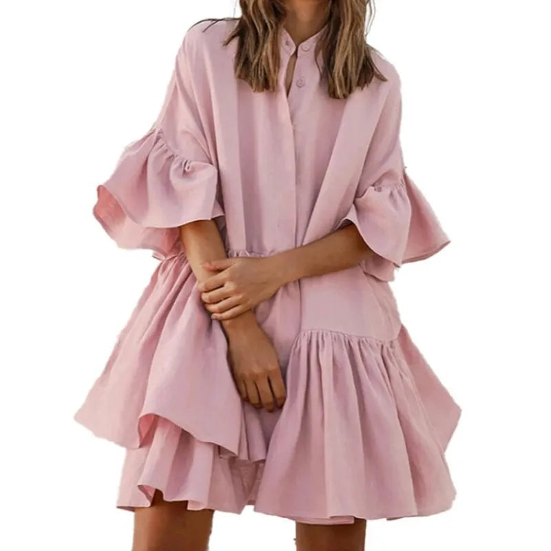 Vestidos monocromáticos casuales con cuello en V y falda pastel