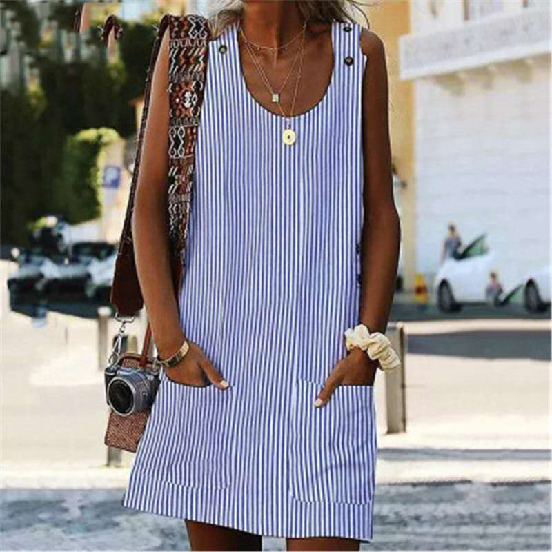 cuello redondo bolsillo de rayas mono botón hasta falda mono casual
