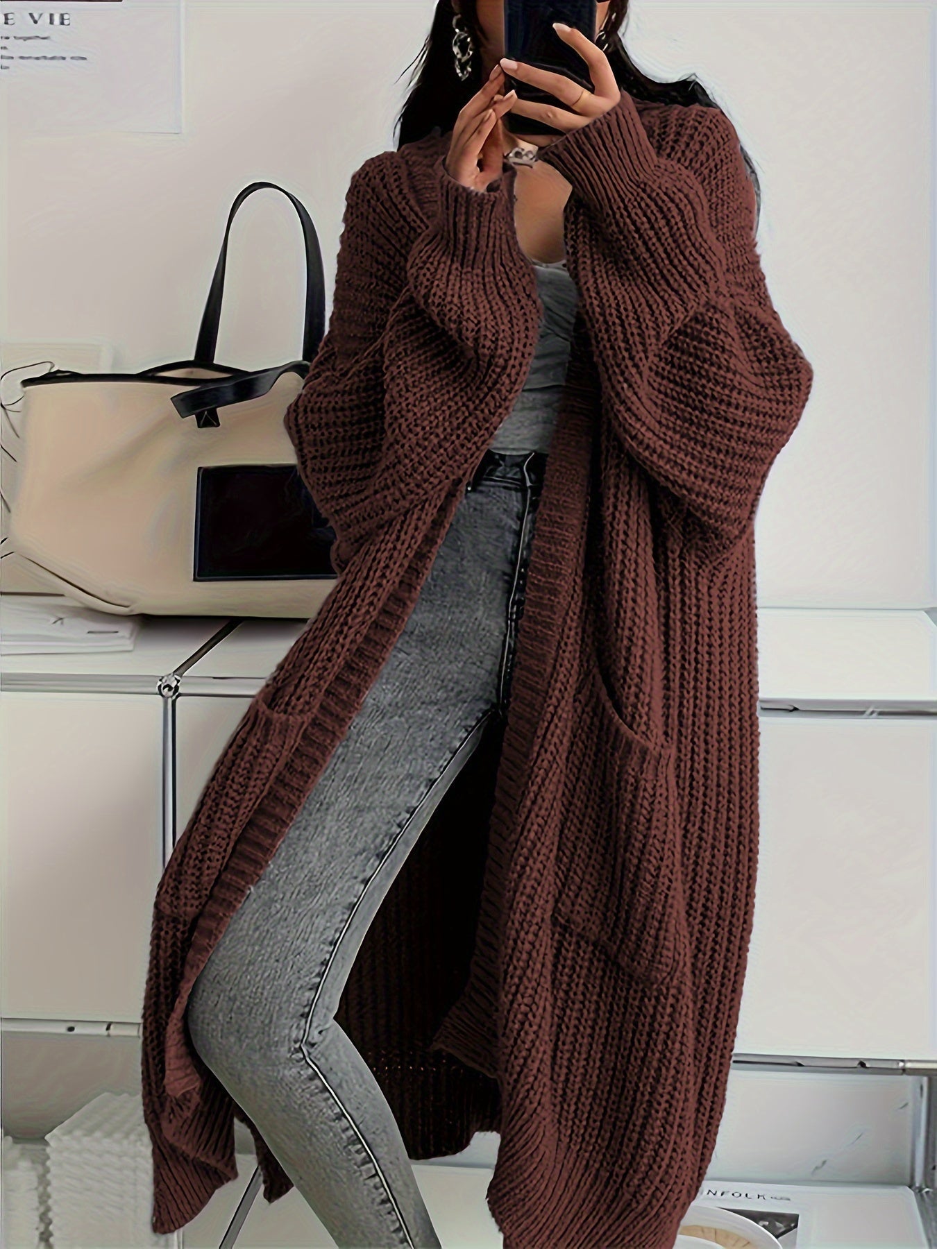 Chaqueta casual larga de lana con bolsillos cosidos para mujer | Perfecta para el día a día
