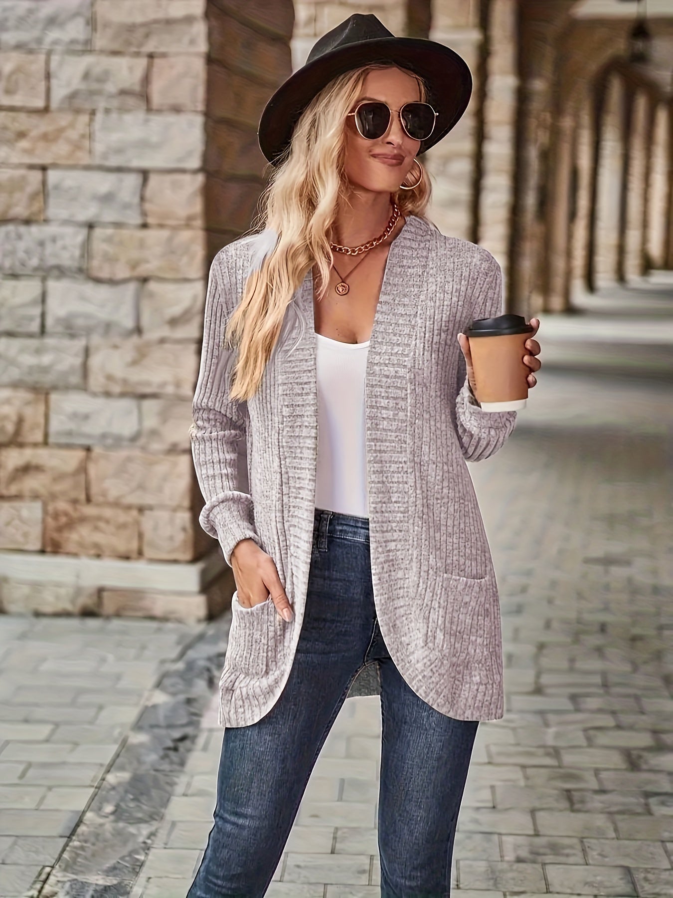 Emilia - Chaleco abierto liso con bolsillos, mujer