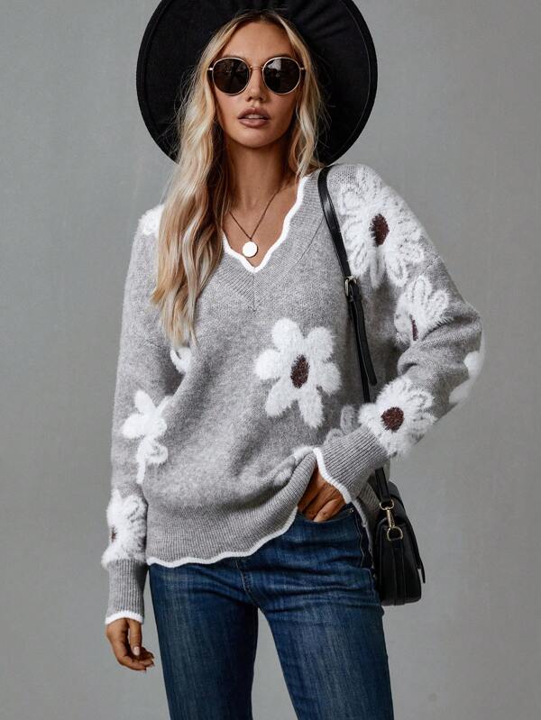 Suéter floral con cuello en V Karen Grey