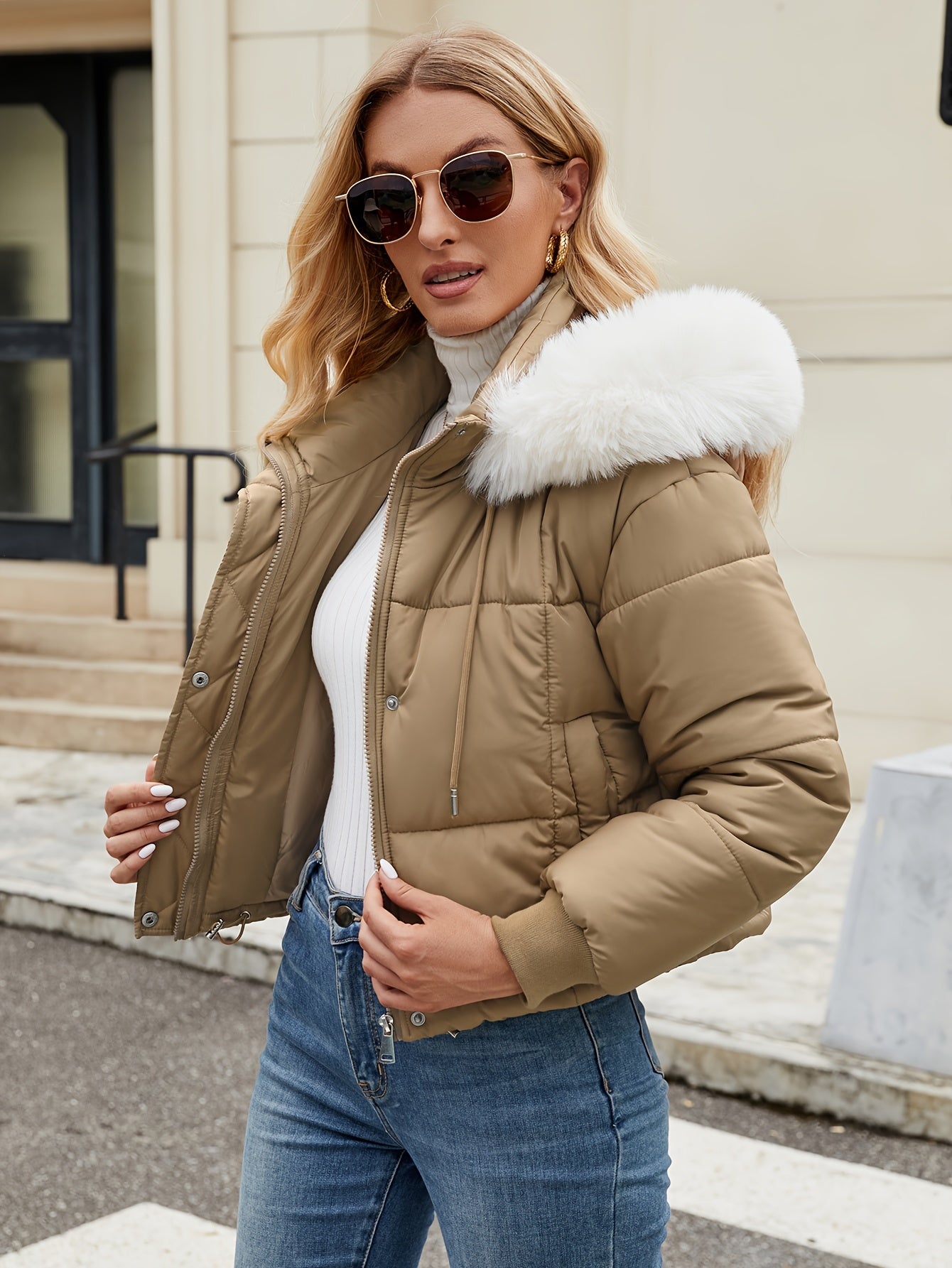 Elegante chaqueta corta de invierno con capucha de piel para mujer | Ideal para otoño/invierno