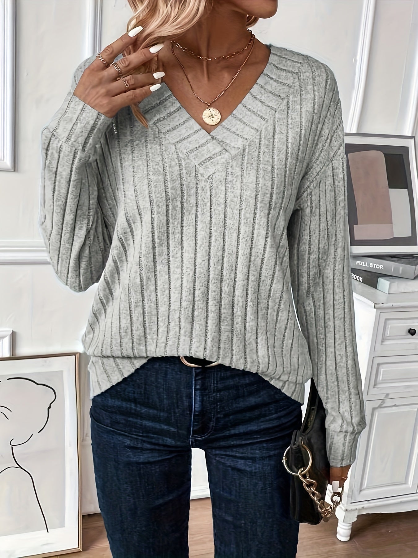 Jaydee - Elegante jersey de cuello de pico para mujer