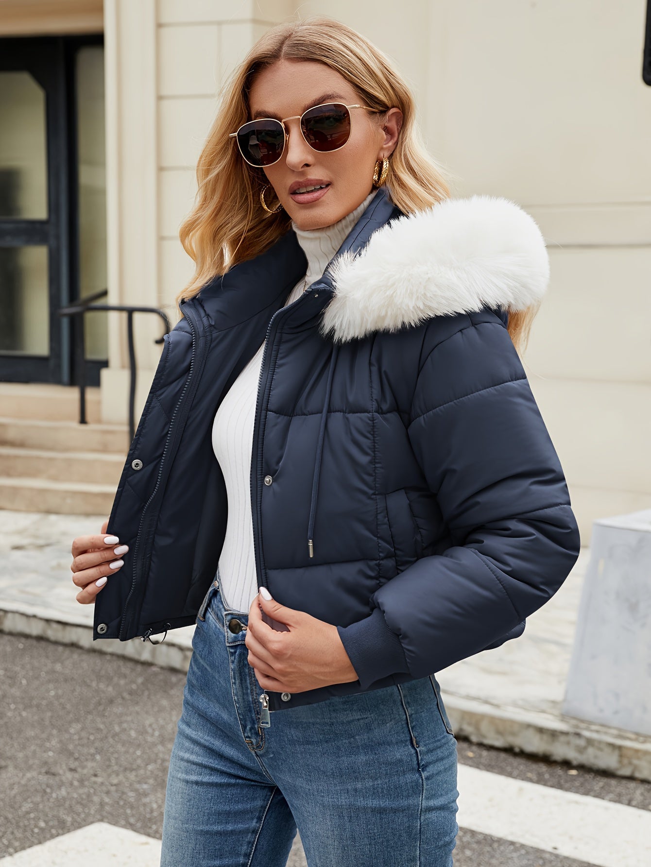 Elegante chaqueta corta de invierno con capucha de piel para mujer | Ideal para otoño/invierno