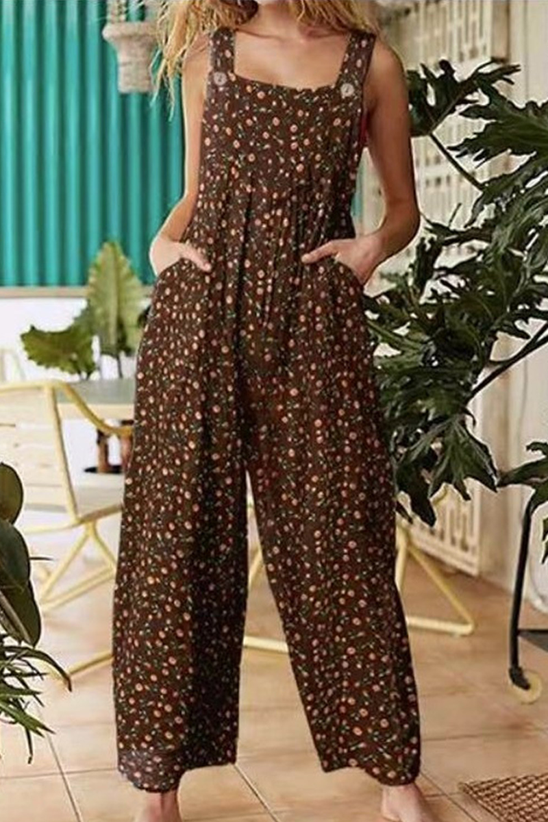 Loungewear Monos florales de cuello cuadrado y bolsillos divididos