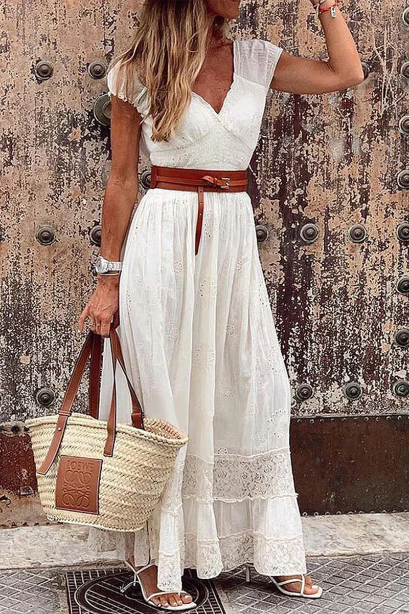 Casual Sólido Patchwork V-Cuello Cintura Falda Vestidos