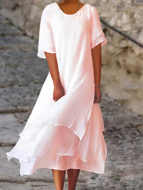 Vestido largo ligero con mangas cortas y falda de rayas