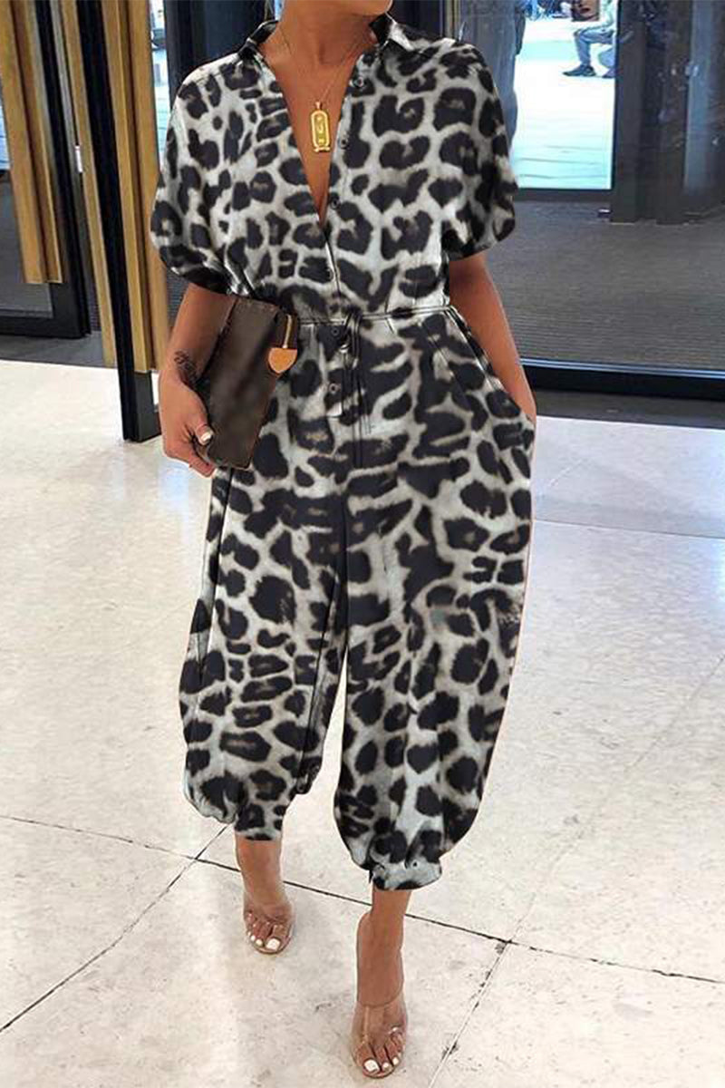 Plus Size Casual Vintage Leopard Frenulum Print Loose Jumpsuits (Monos sueltos)