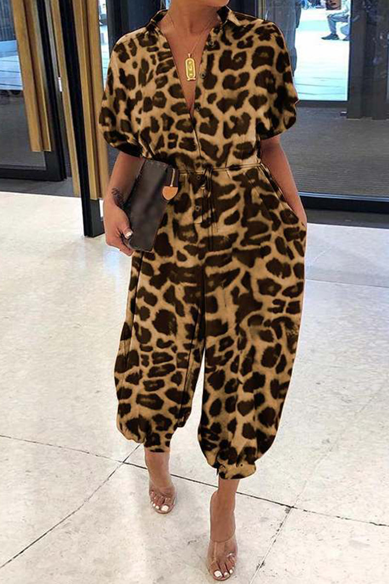 Plus Size Casual Vintage Leopard Frenulum Print Loose Jumpsuits (Monos sueltos)