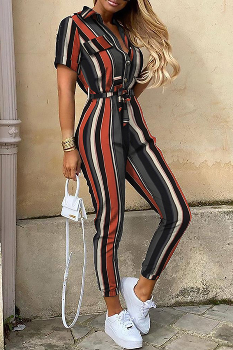 Casual Print Patchwork Turn-down Collar Regular Jumpsuits (holgado)