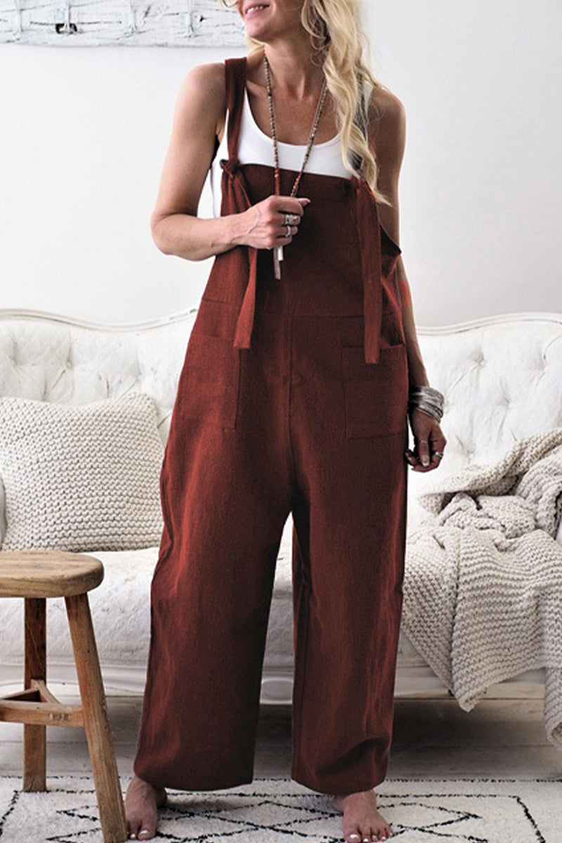 Casual Solid hacer viejo patchwork cuello cuadrado overoles sueltos (5 colores)