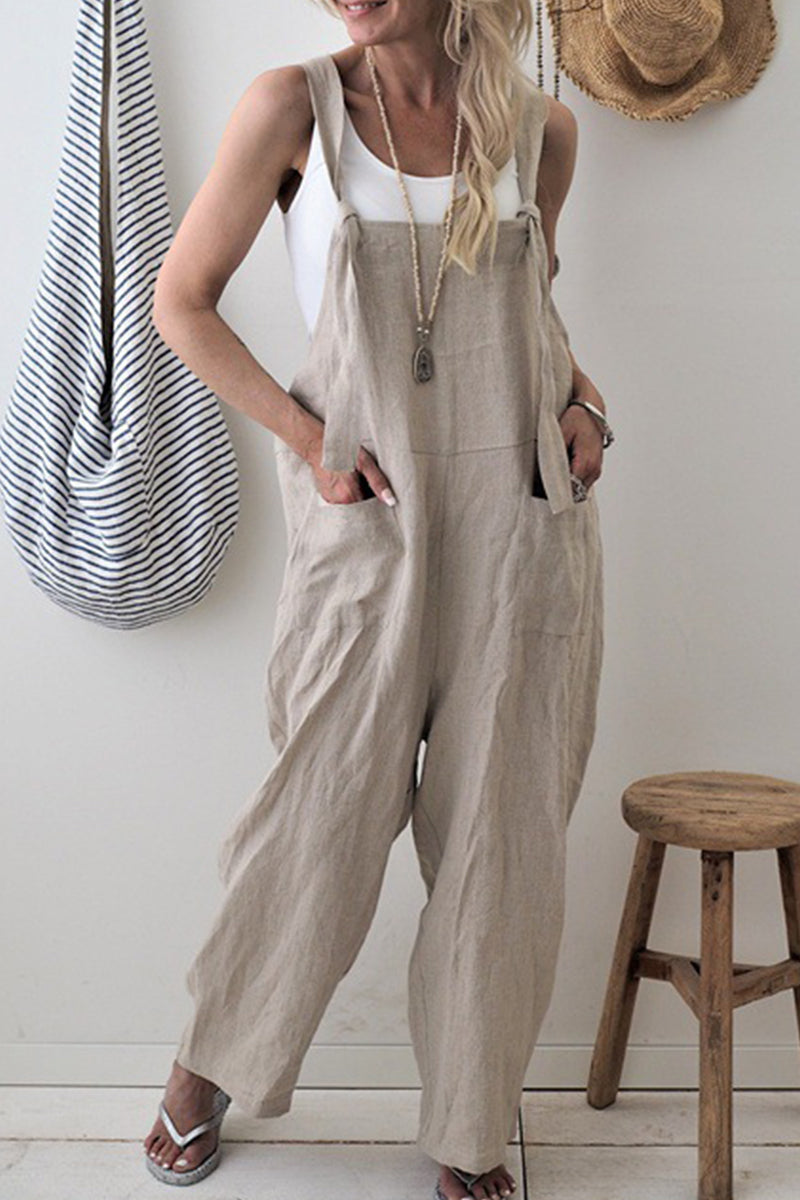Casual Solid hacer viejo patchwork cuello cuadrado overoles sueltos (5 colores)