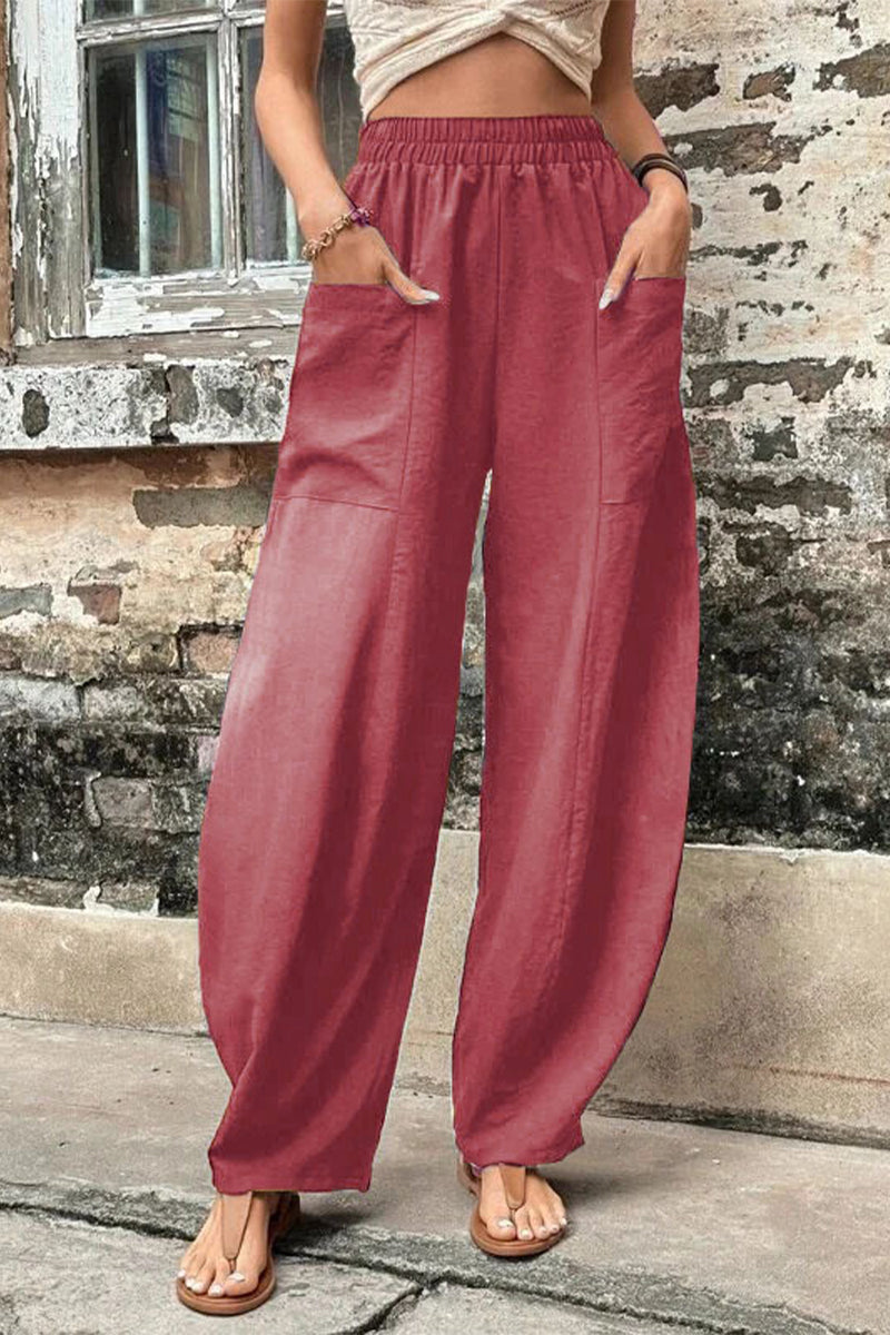 Casual-casual-diario-bolsillos-sueltos-cintura-alta Pantalón Harlan de color liso (11 colores)