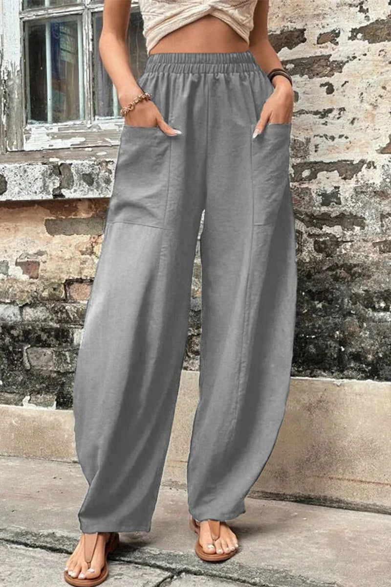 Casual-casual-diario-bolsillos-sueltos-cintura-alta Pantalón Harlan de color liso (11 colores)