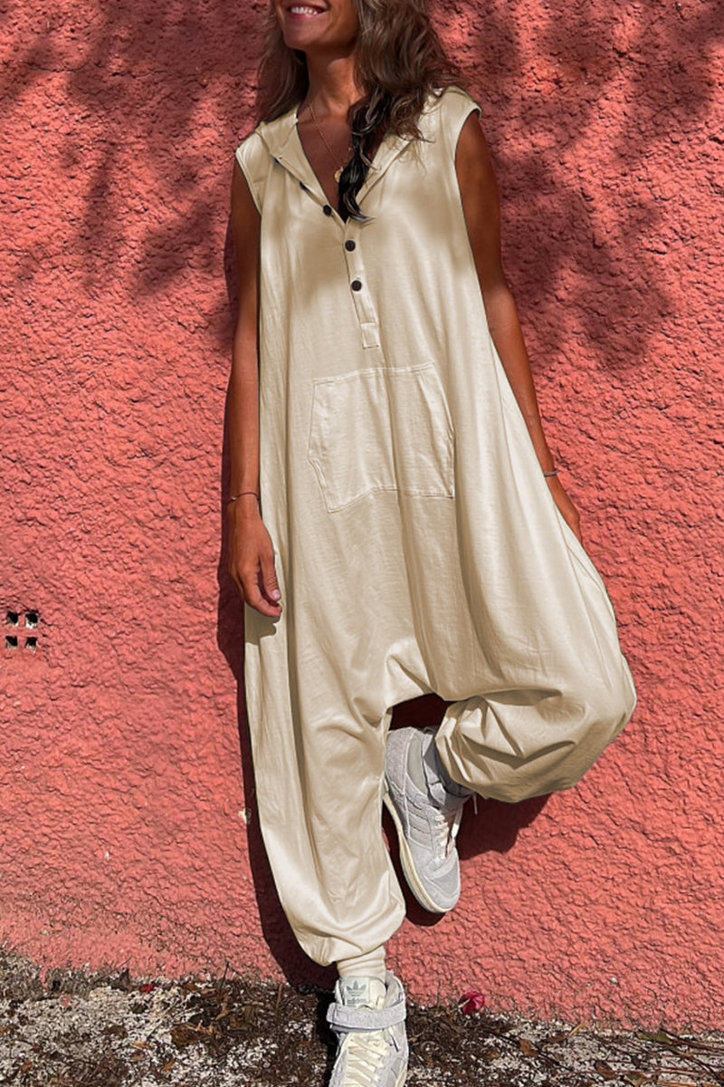 Casual Sportswear Solid Pockets Hooded Collar Straight Jumpsuits (3 Colores)