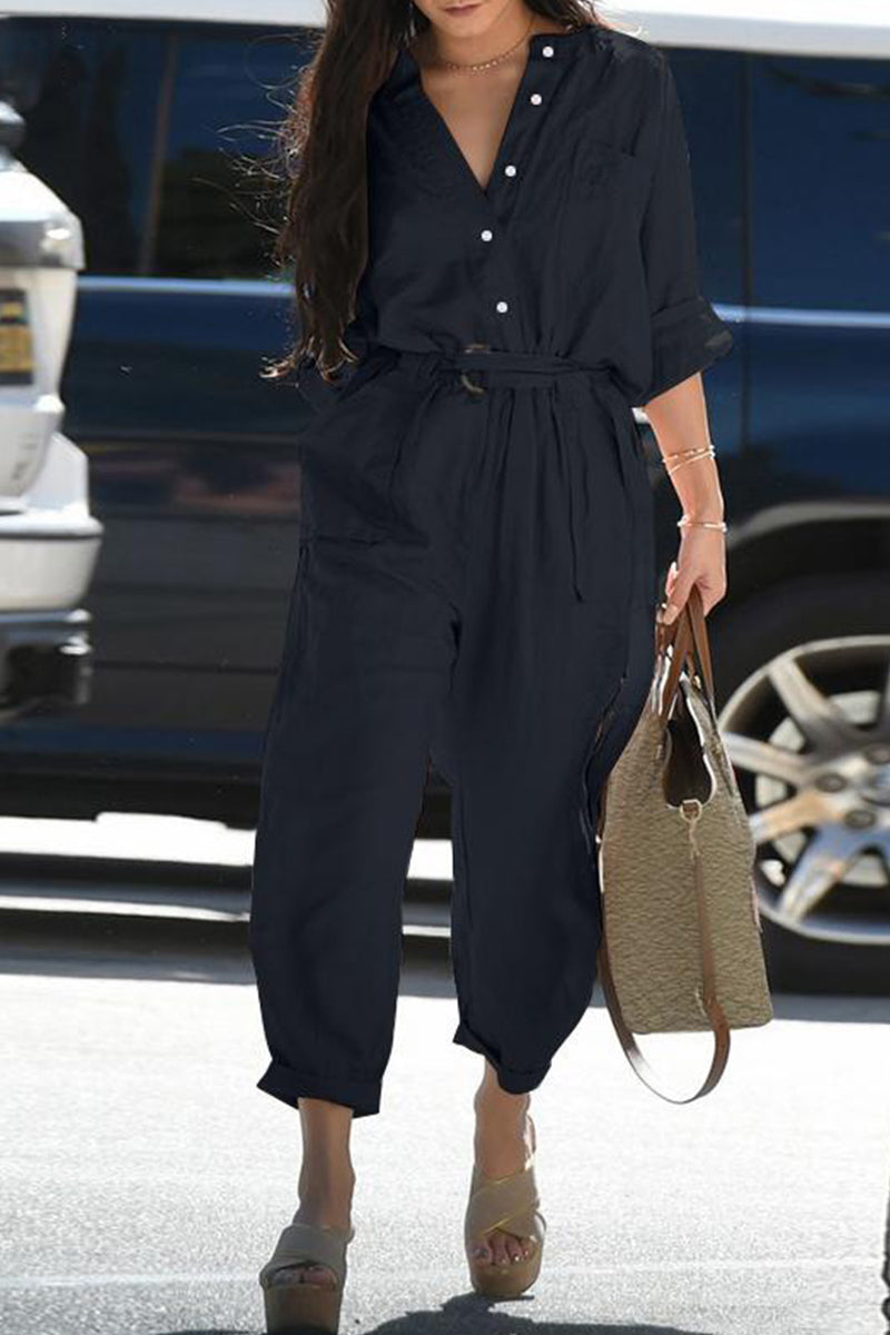 Casual Everyday Solid Frenulum Turn-down Collar Regular Jumpsuits (3 colores)