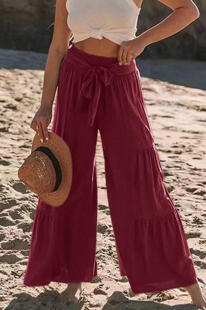 Casual-Vacaciones Sólido Vendaje Pliegues Suelto Cintura Alta Pierna Ancha Color Sólido Pantalones