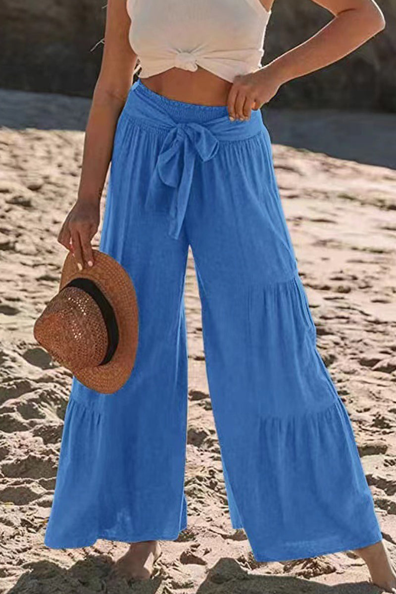 Casual-Vacaciones Sólido Vendaje Pliegues Suelto Cintura Alta Pierna Ancha Color Sólido Pantalones