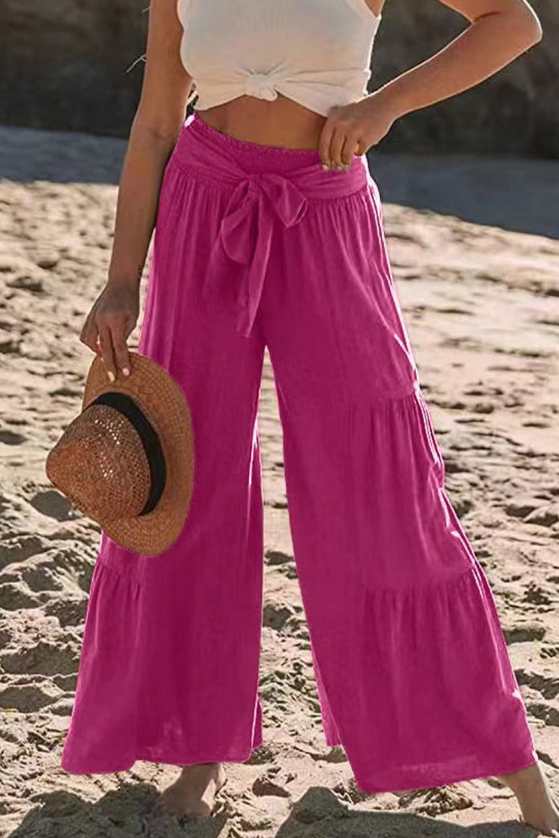 Casual-Vacaciones Sólido Vendaje Pliegues Suelto Cintura Alta Pierna Ancha Color Sólido Pantalones