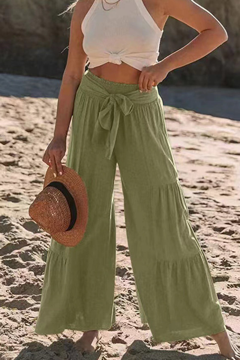 Casual-Vacaciones Sólido Vendaje Pliegues Suelto Cintura Alta Pierna Ancha Color Sólido Pantalones