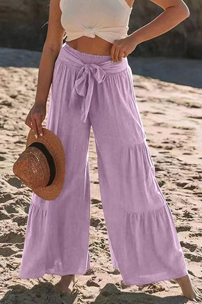 Casual-Vacaciones Sólido Vendaje Pliegues Suelto Cintura Alta Pierna Ancha Color Sólido Pantalones