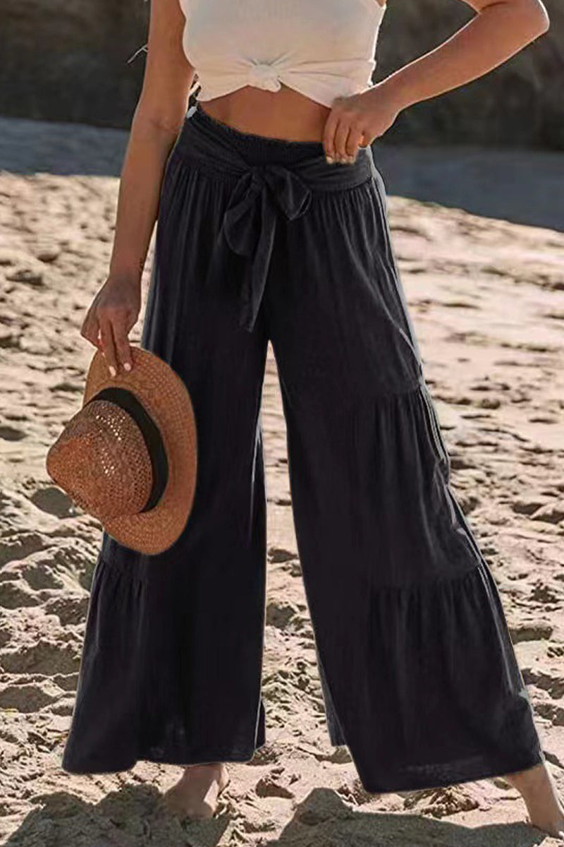 Casual-Vacaciones Sólido Vendaje Pliegues Suelto Cintura Alta Pierna Ancha Color Sólido Pantalones