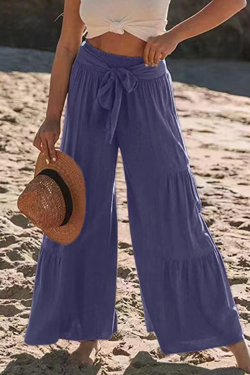 Casual-Vacaciones Sólido Vendaje Pliegues Suelto Cintura Alta Pierna Ancha Color Sólido Pantalones