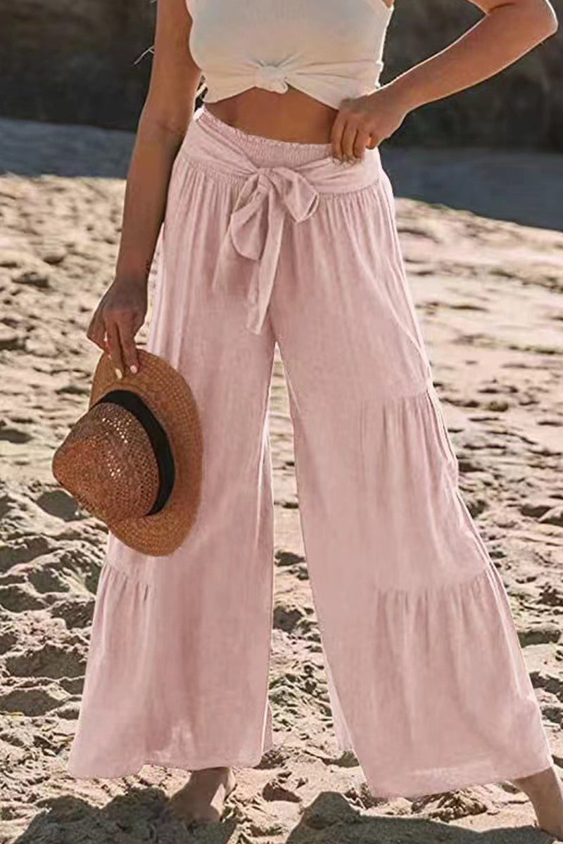 Casual-Vacaciones Sólido Vendaje Pliegues Suelto Cintura Alta Pierna Ancha Color Sólido Pantalones