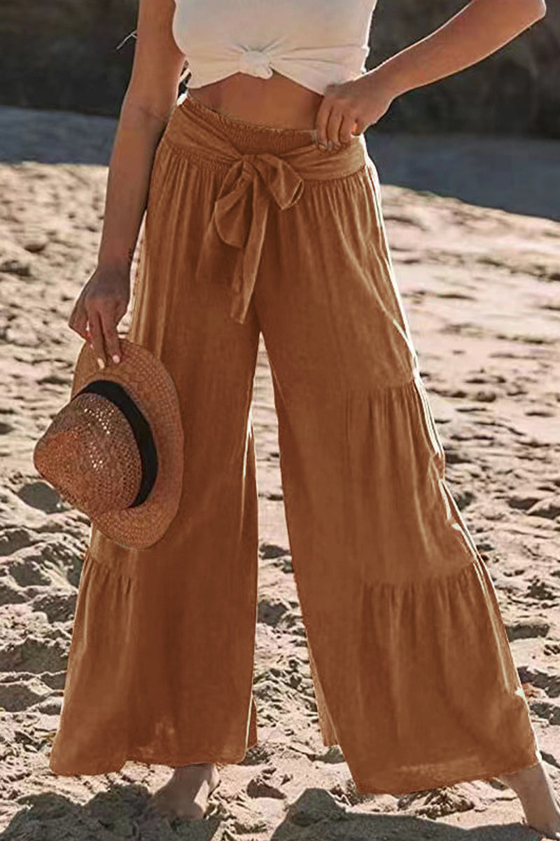 Casual-Vacaciones Sólido Vendaje Pliegues Suelto Cintura Alta Pierna Ancha Color Sólido Pantalones