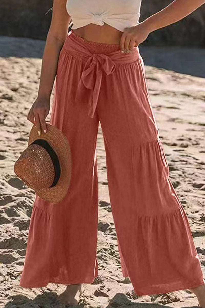 Casual-Vacaciones Sólido Vendaje Pliegues Suelto Cintura Alta Pierna Ancha Color Sólido Pantalones