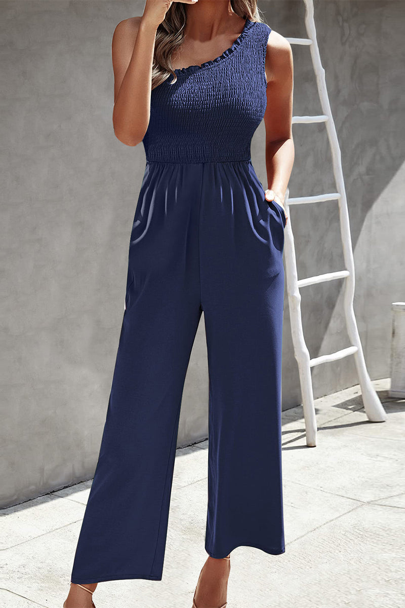 Casual Print Patchwork Bag Bias Collar Loose Jumpsuits.