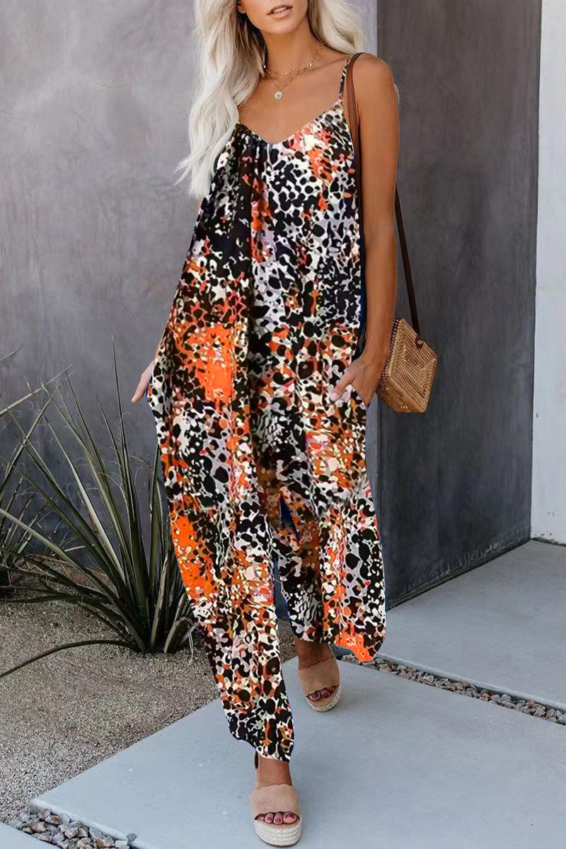Casual Street Print Pocket V-Neck Loose Jumpsuits