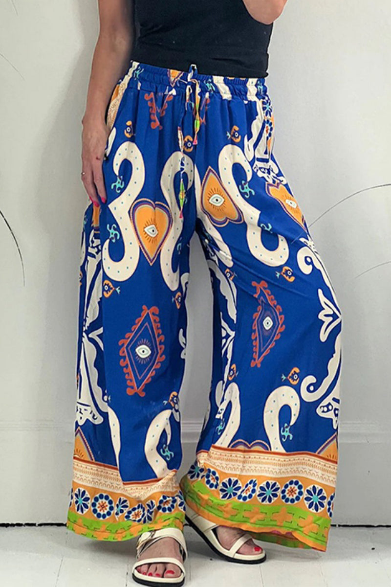 Casual- Printed Pocket Loose-Wide Leg Fully Printed Pantalones