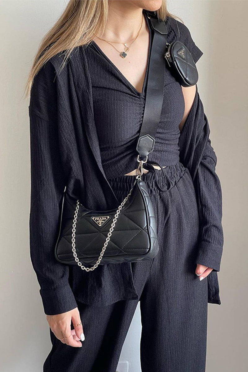 Casual Solid Draw String Fold Turndown Collar Long Sleeve Three-Piece (Camisa Chaleco Pantalones)