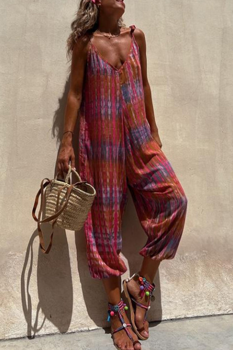 college print pocket V-neck loose jumpsuits