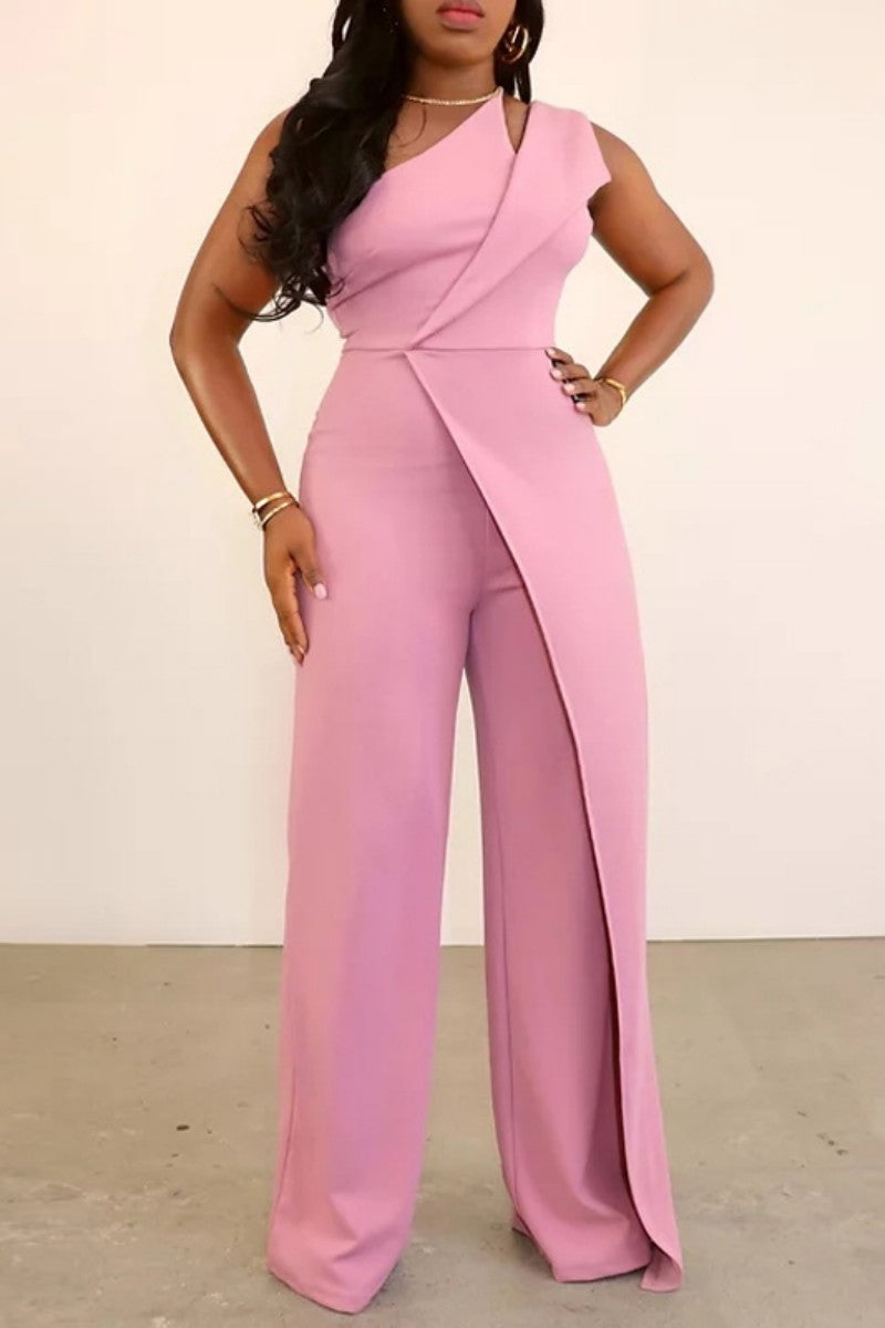 Casual Solid Patchwork Backless Bias Collar Regular Jumpsuits - sin cinturón