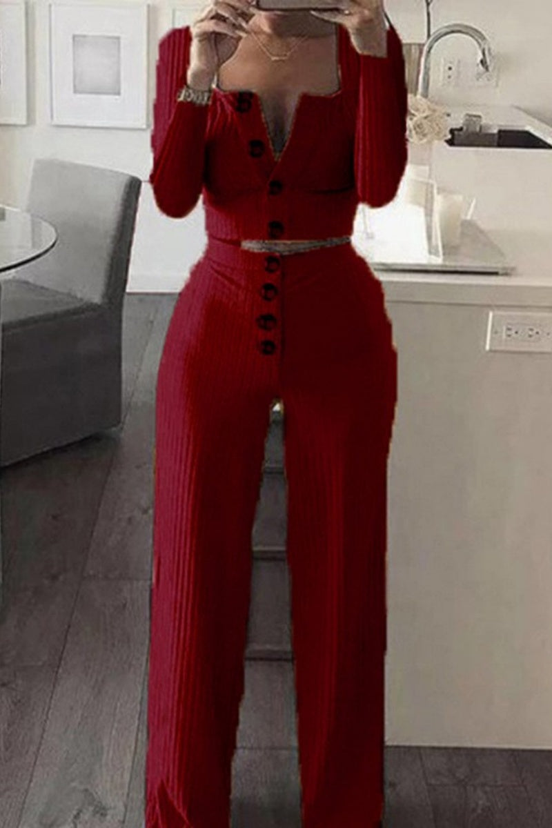 -casual-sólido-botón-chaleco-pantalón-cuello U-sin-mangas-dos-piezas