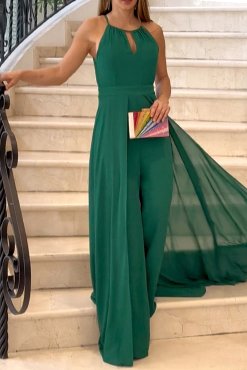 solid-hollow-cut O-neck jumpsuits