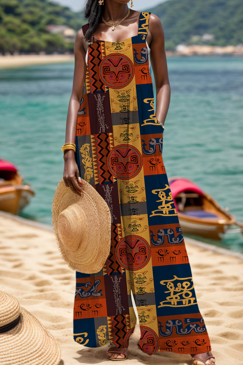 Casual-print-backless-square-brim Regular Jumpsuits