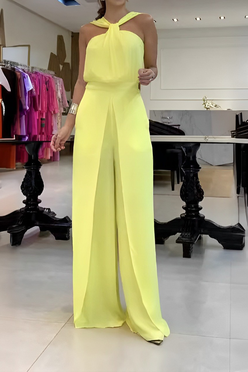 Casual Solid Color Patchwork Backless V-neck Regular Jumpsuits