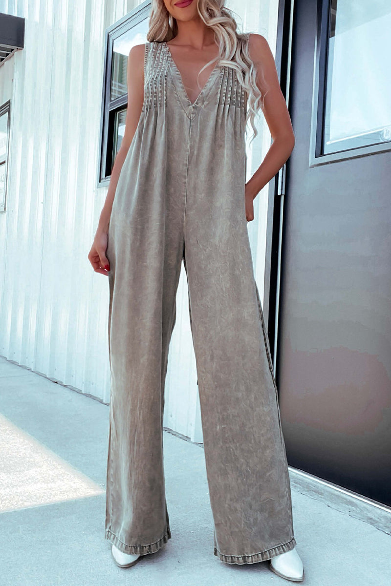 Casual Bolsillo Ajustable Cuello en V Monos Sueltos