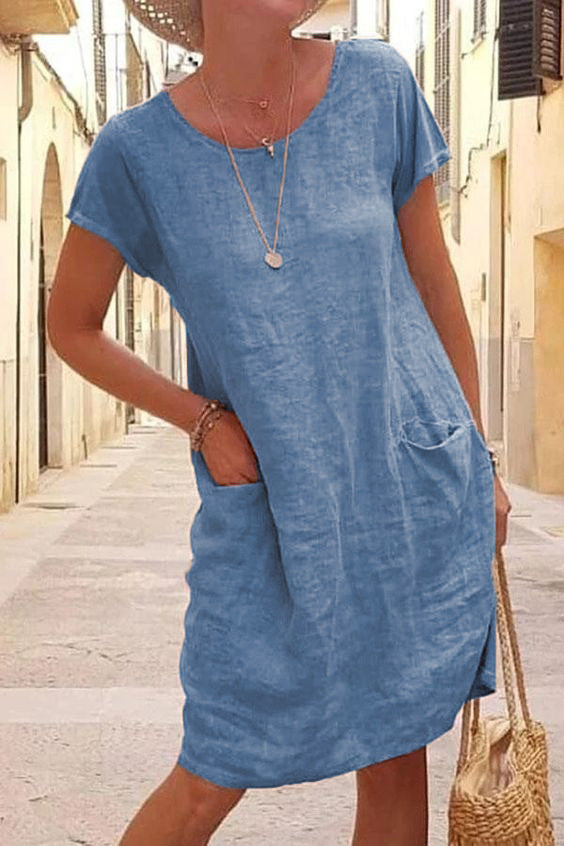 Summer Loose Plain Pocket Sleeves Crew Neck Cotton Linen Shorts