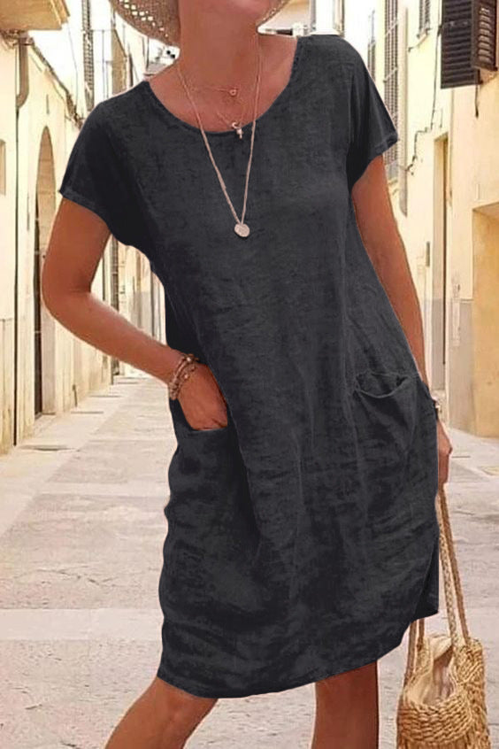 Summer Loose Plain Pocket Sleeves Crew Neck Cotton Linen Shorts