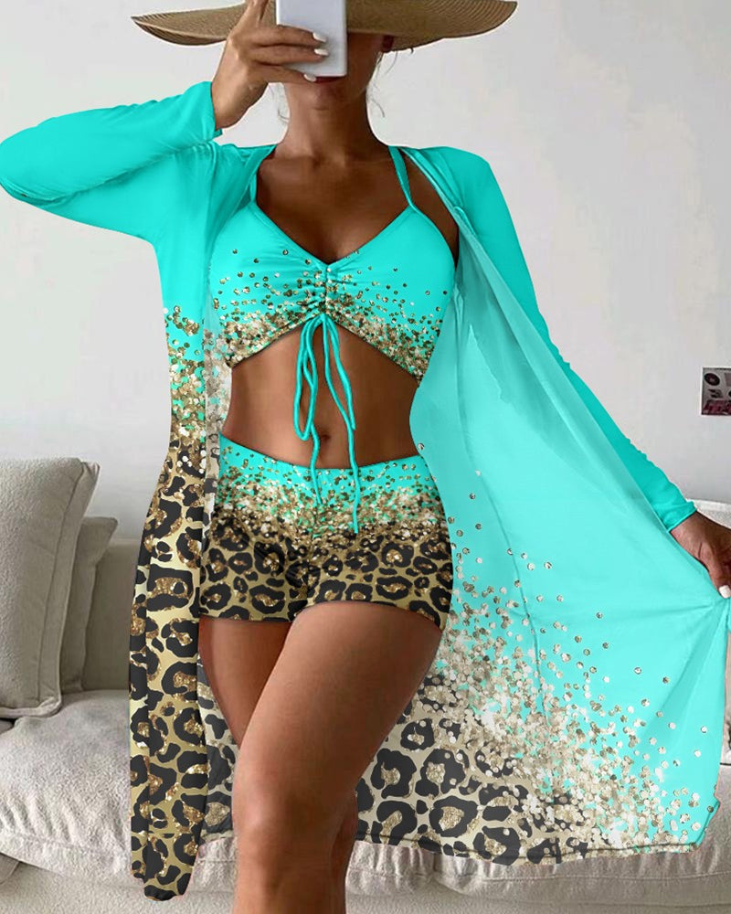 Bañador de tres piezas con estampado ombre de leopardo