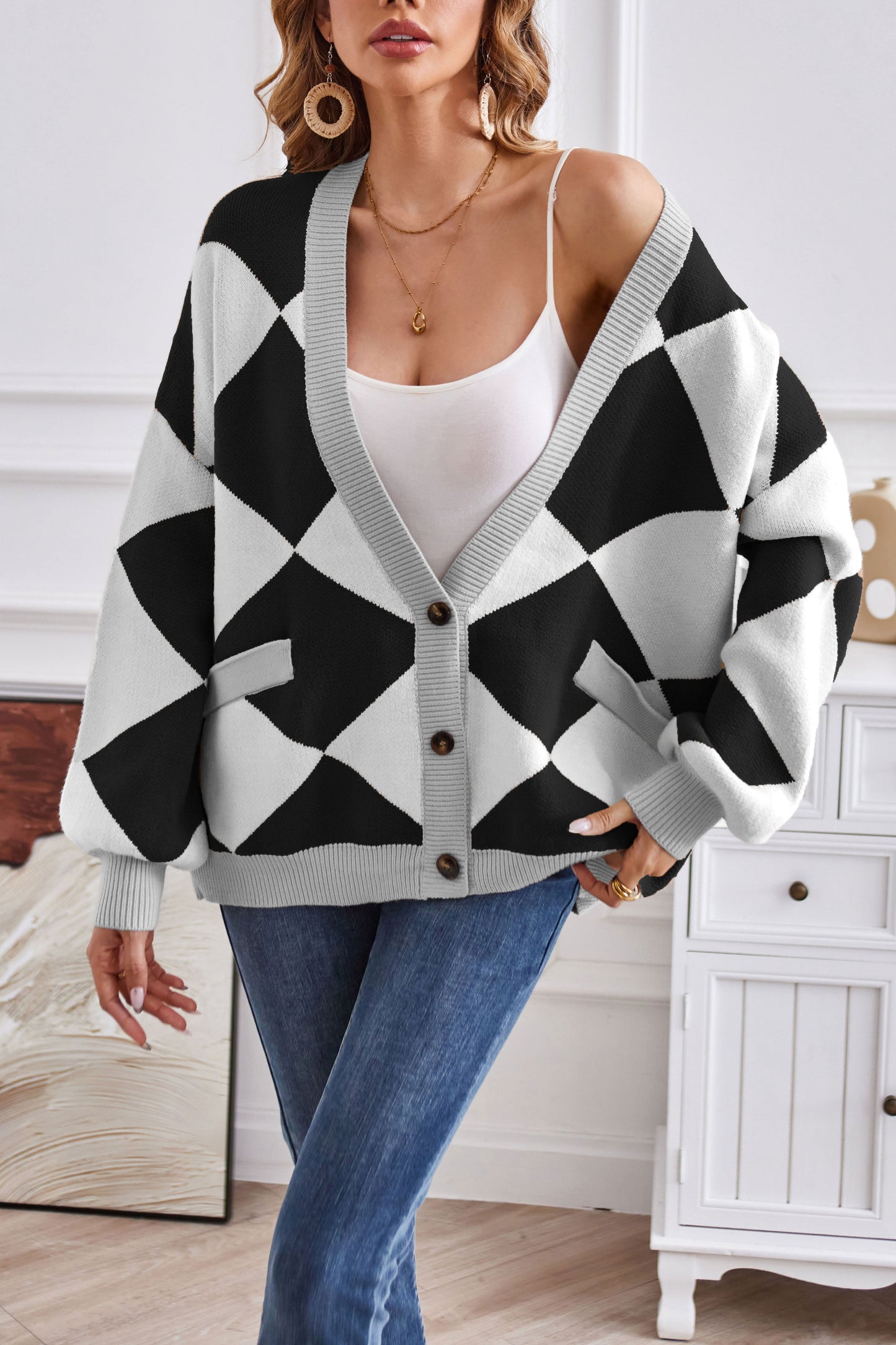 Chaleco patchwork de mujer con cuello en V y cuadros