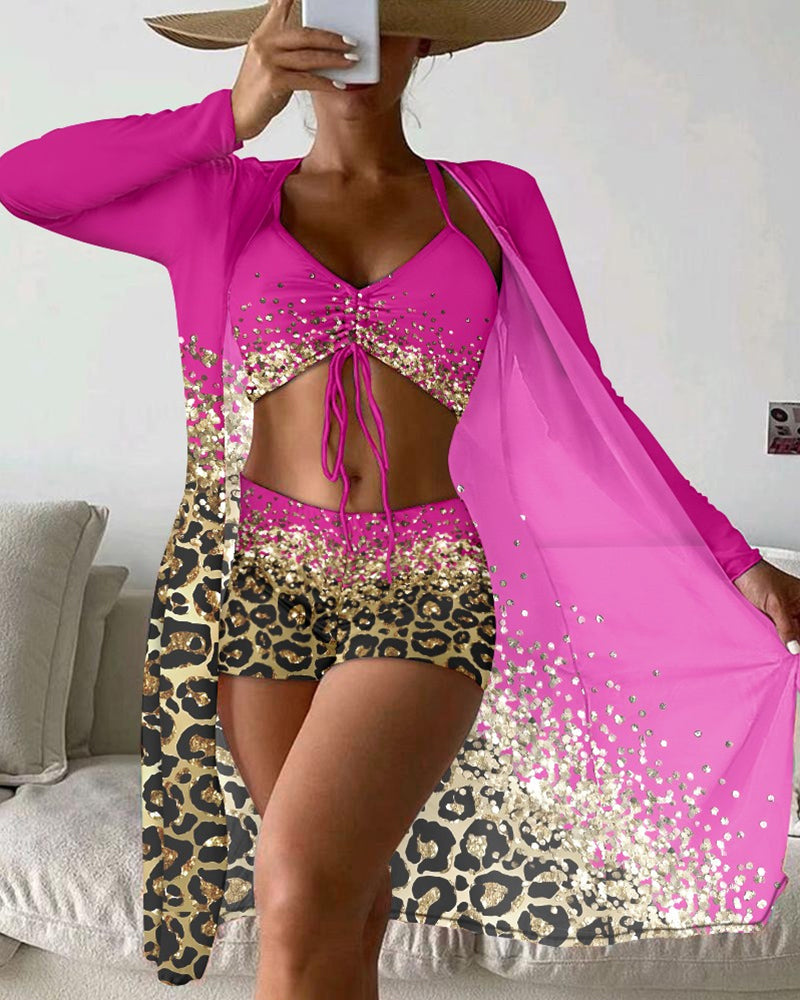 Bañador de tres piezas con estampado ombre de leopardo