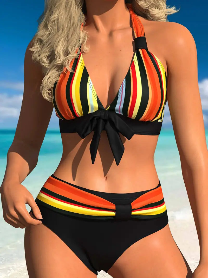 Bikini halter con estampado de rayas de colores y cordón para atar