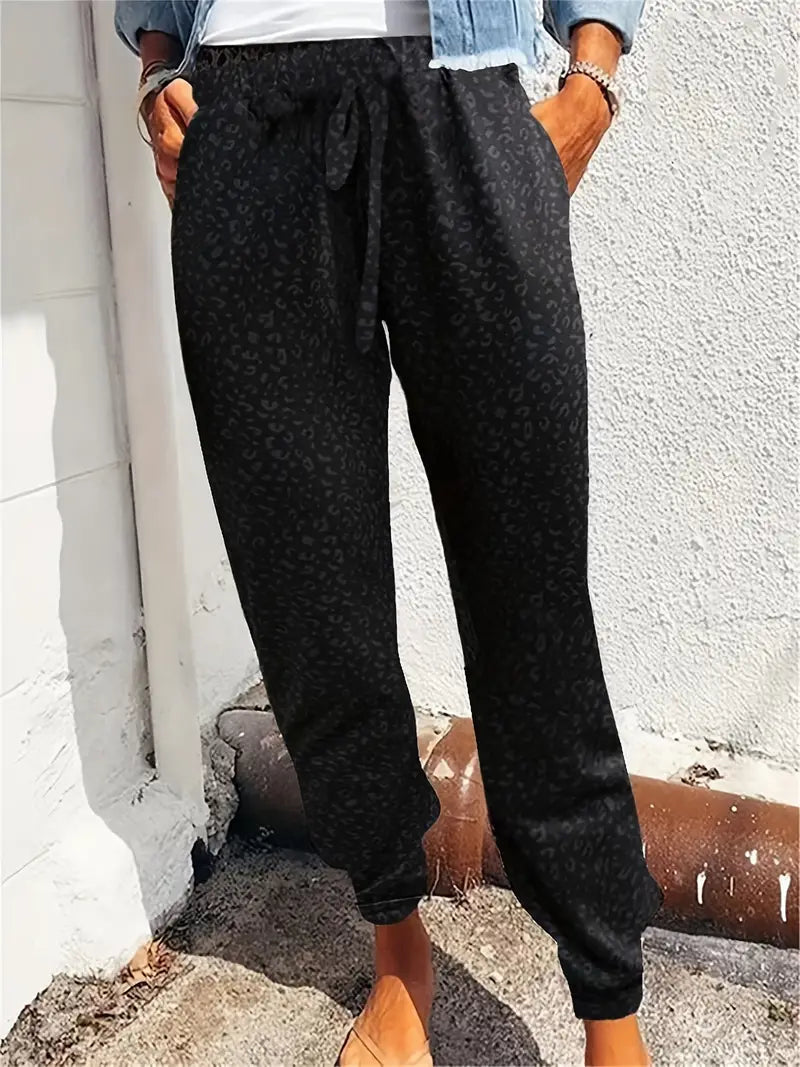 Pantalones de chándal casual con estampado de leopardo y dobladillo fijo